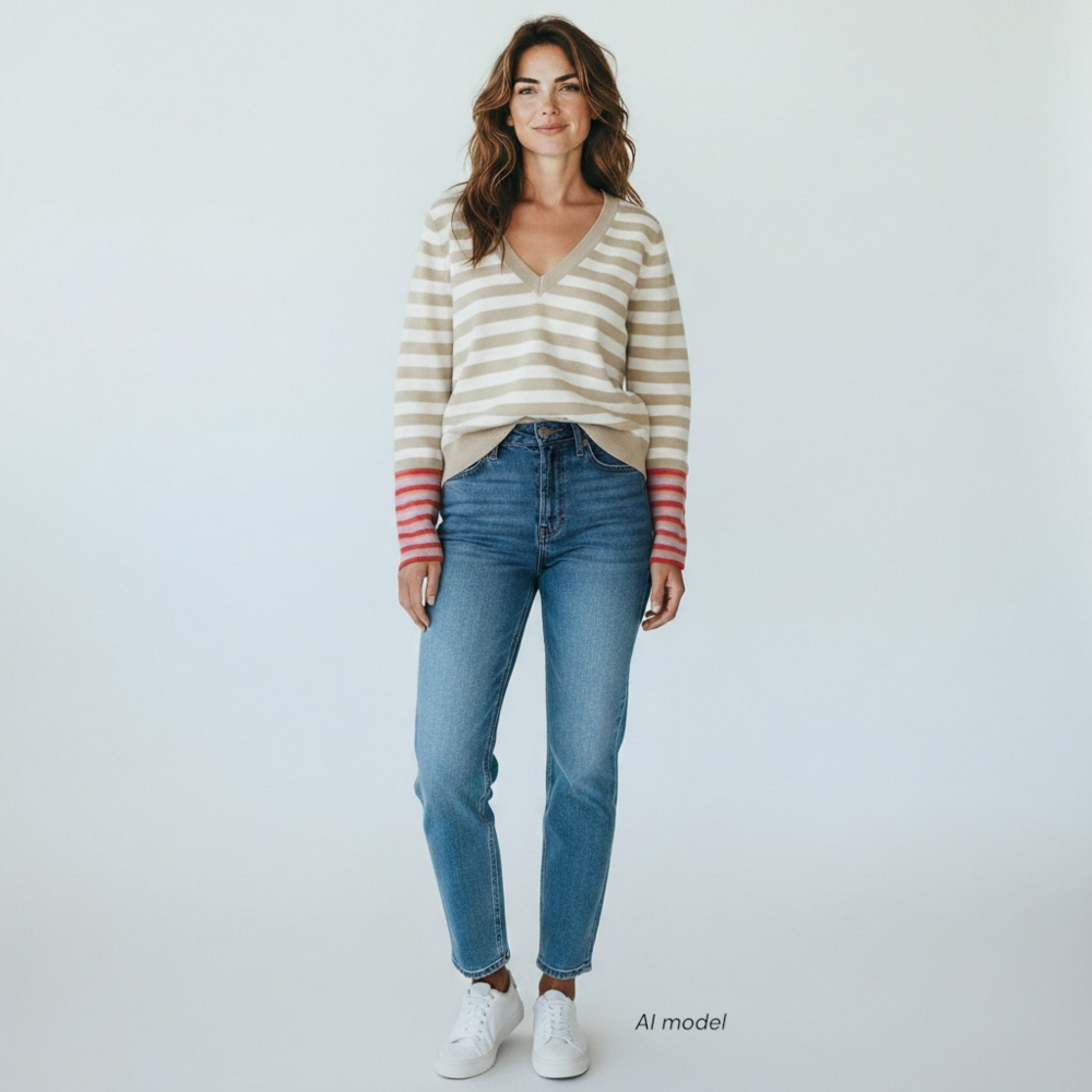 Veronica Beard Sweater Womens XS Florrie Stripe Contrast Cuff Linen V Pullover